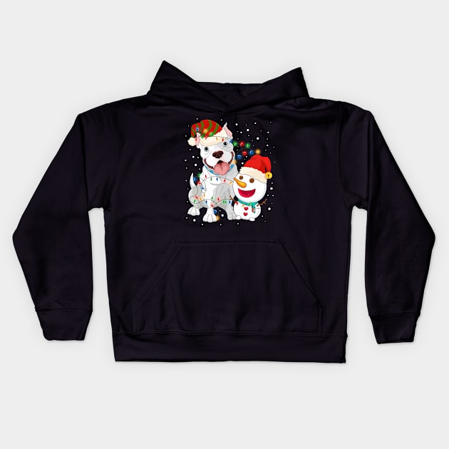 Funny Pitbull Dog Snowman wearing a santa hat Light Tree Christmas Kids Hoodie by mittievance